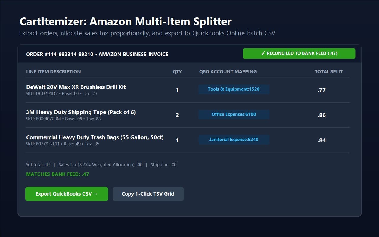Amazon order itemization split across cost codes
