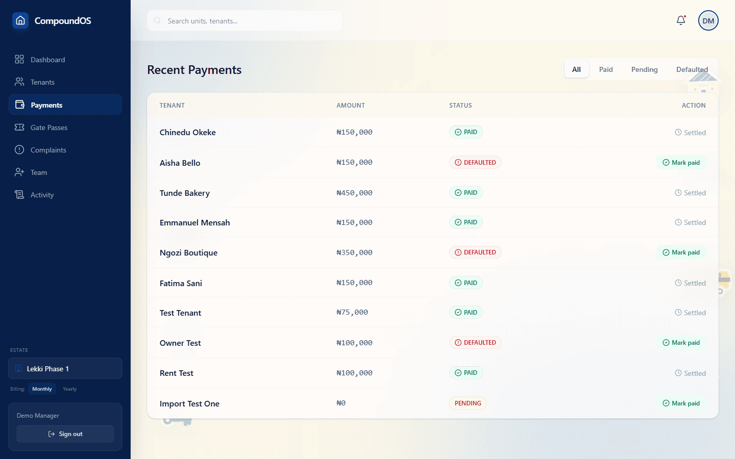 Service charge payment tracking and receipt log